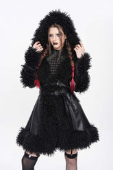 Black Long Sleeves Plush Stitching Buckle Hooded Straps Women's Punk Coat